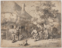 S 018 recto
<br/>
Dorpsgezicht met een groep mensen die zich vermaakt voor een huis
<br/>
<em>Dusart, Cornelis (1660-1704)</em>